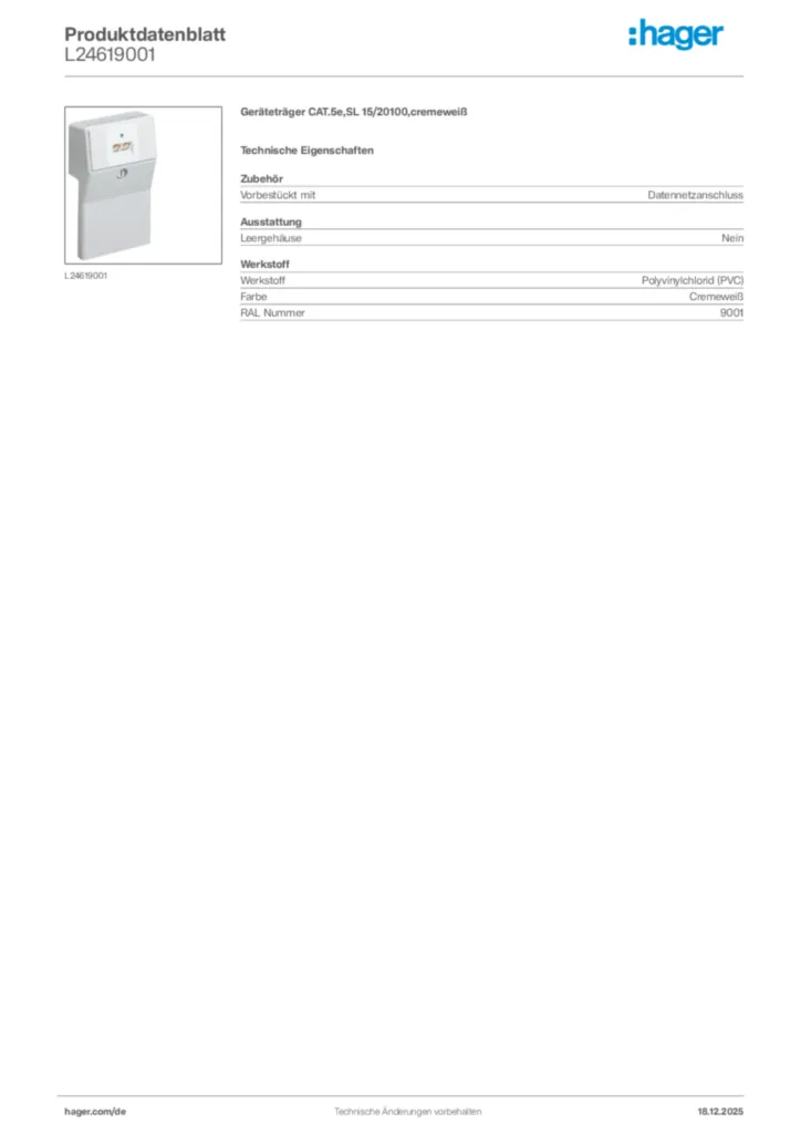 Bild Hager Produktdatenblatt L24619001 | Hager Deutschland