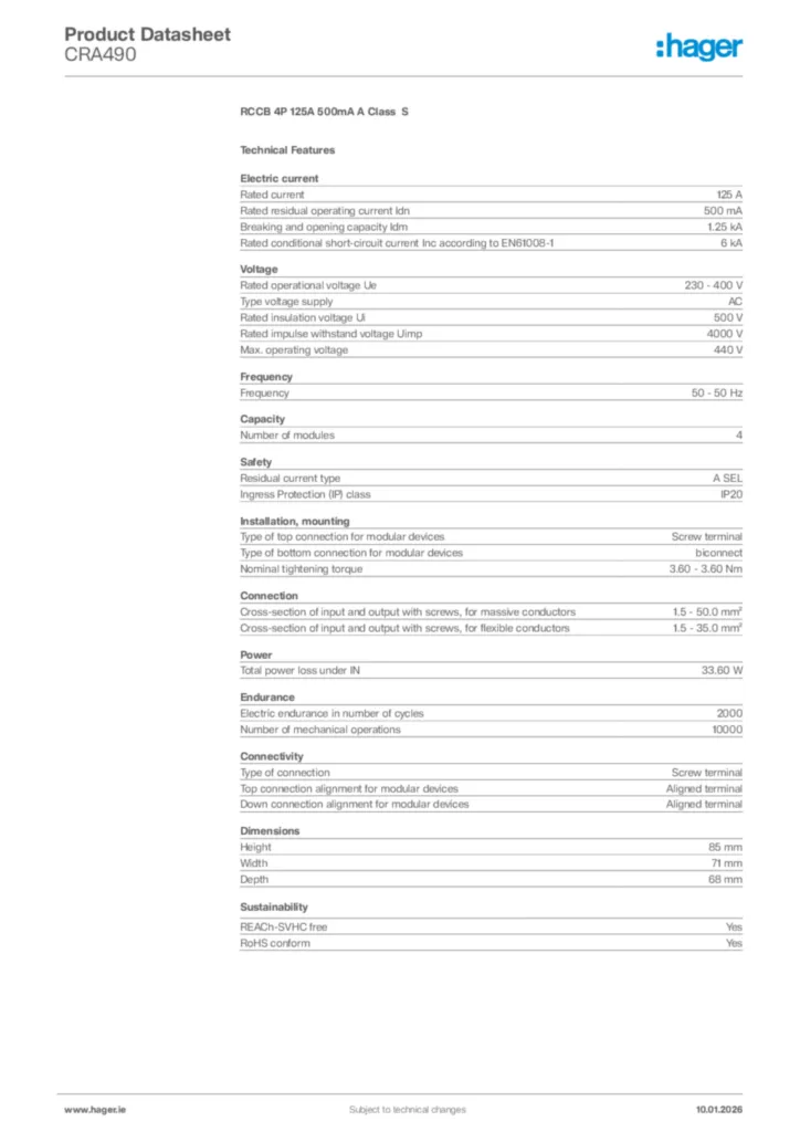Image Hager Product data sheet CRA490  | Hager