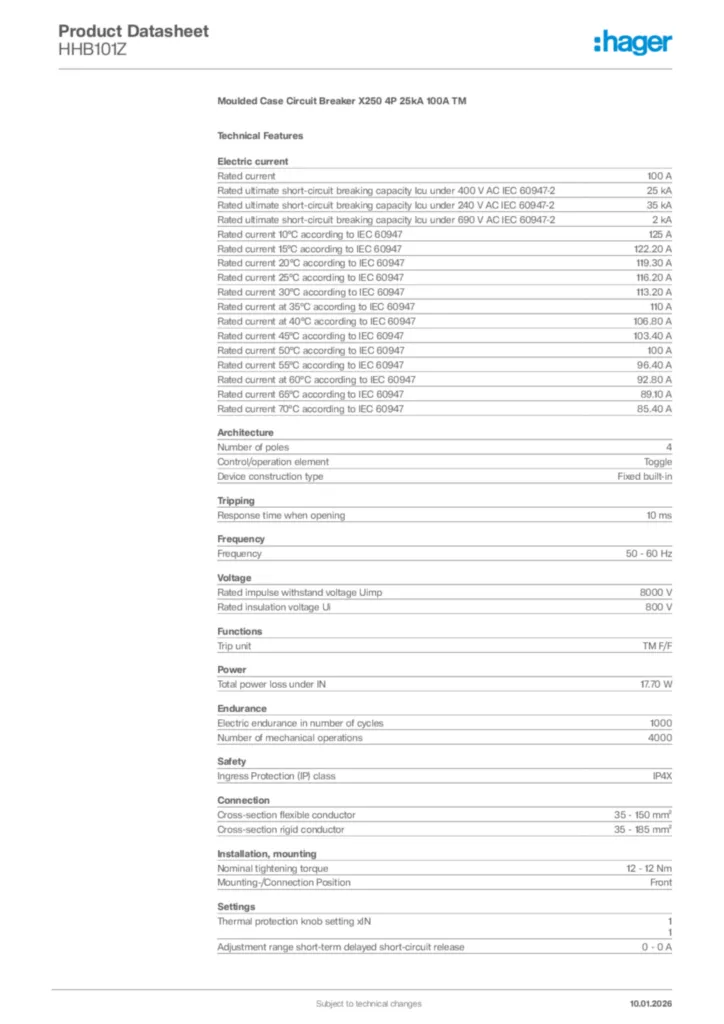 Image Hager Product data sheet HHB101Z  | Hager Africa