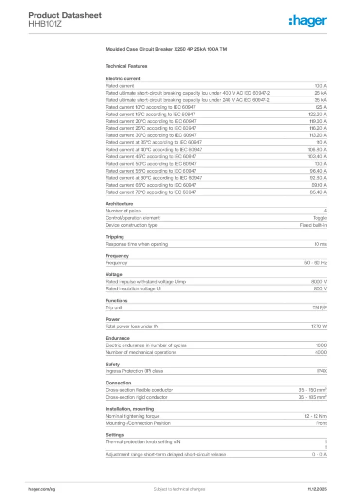 Image Hager Product data sheet HHB101Z  | Hager