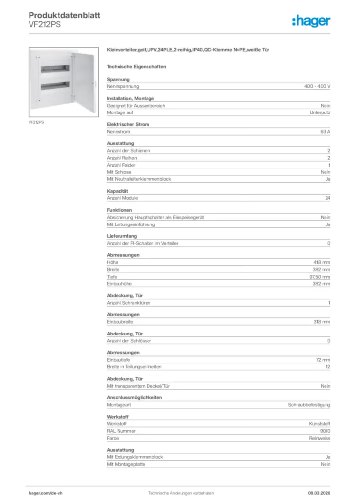 Bild Hager Produktdatenblatt VF212PS | Hager Schweiz