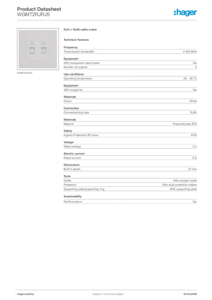 Image Hager Product data sheet WGMT2RJRJ5  | Hager