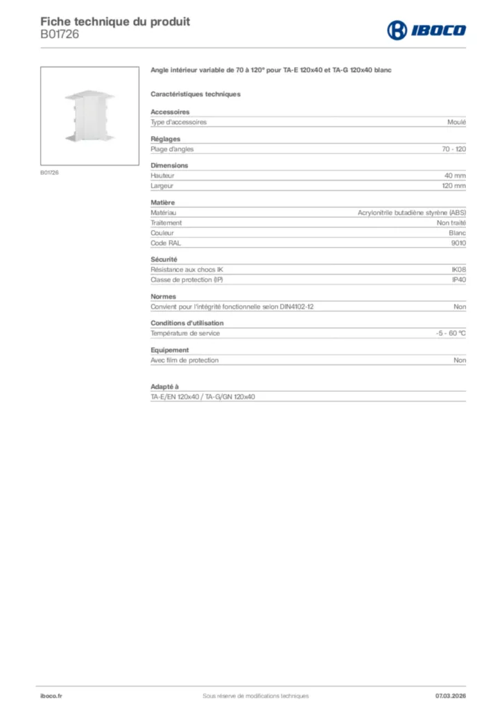 Image Iboco Fiche technique du produit B01726 | Hager France