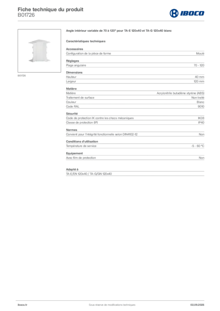 Image Iboco Fiche technique du produit B01726 | Hager France