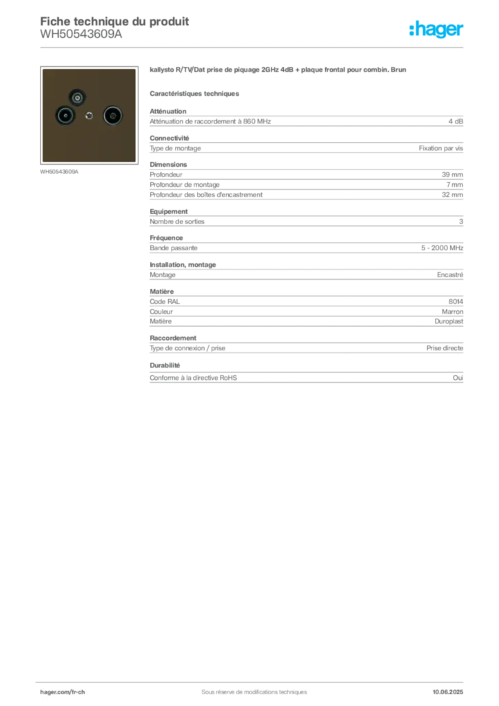 Image Hager Fiche technique du produit WH50543609A | Hager Suisse