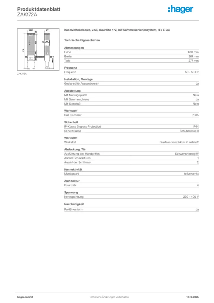 Bild Hager Produktdatenblatt ZAK172A | Hager Deutschland