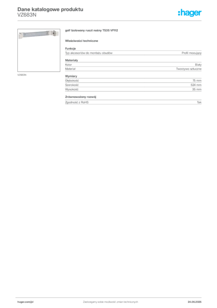 Zdjęcie Hager Karta katalogowa VZ683N | Hager Polska