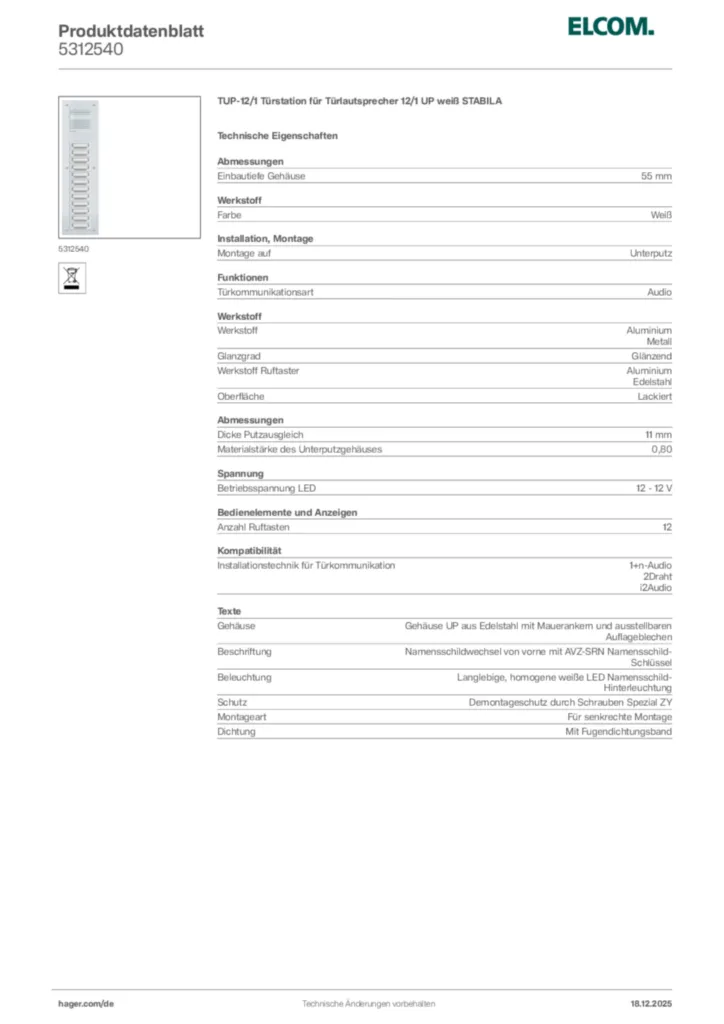 Bild Elcom Produktdatenblatt 5312540 | Hager Deutschland