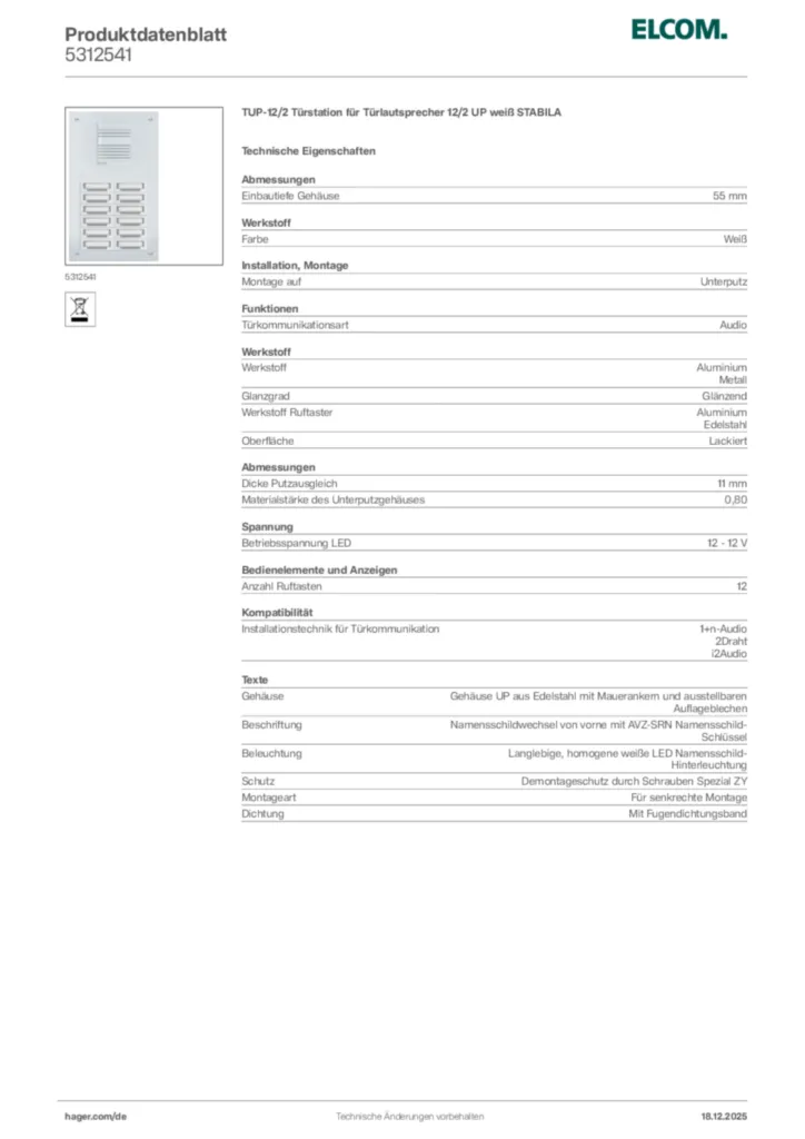 Bild Elcom Produktdatenblatt 5312541 | Hager Deutschland