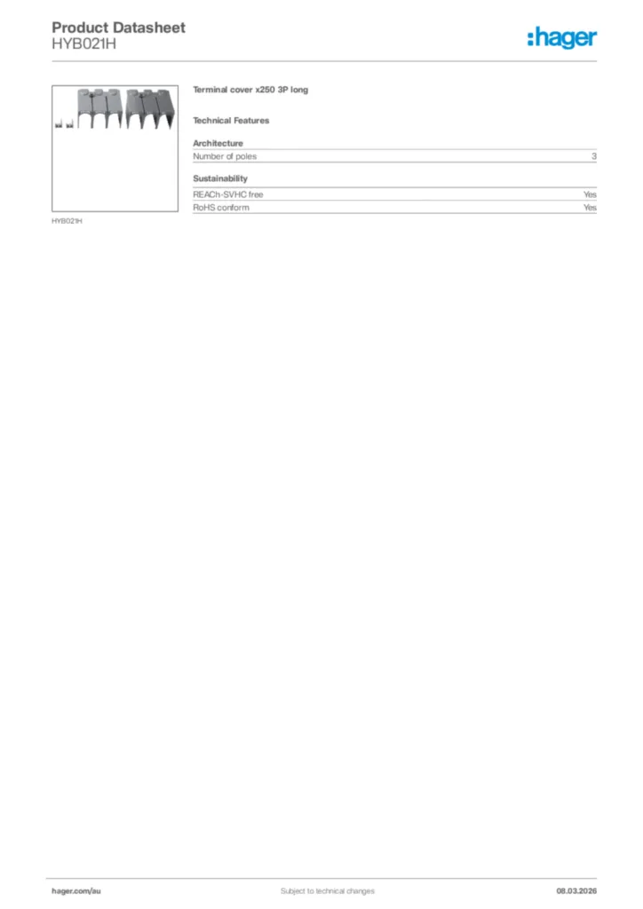 Image Hager Product data sheet HYB021H  | Hager Australia