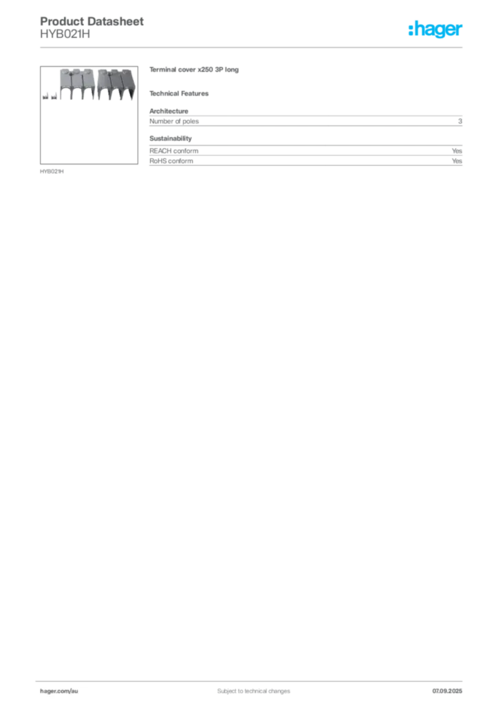 Image Hager Product data sheet HYB021H  | Hager Australia