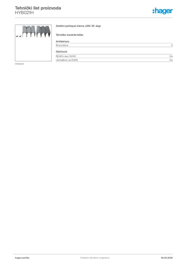 Slika Hager Tehnički list proizvoda HYB021H  | Hager
