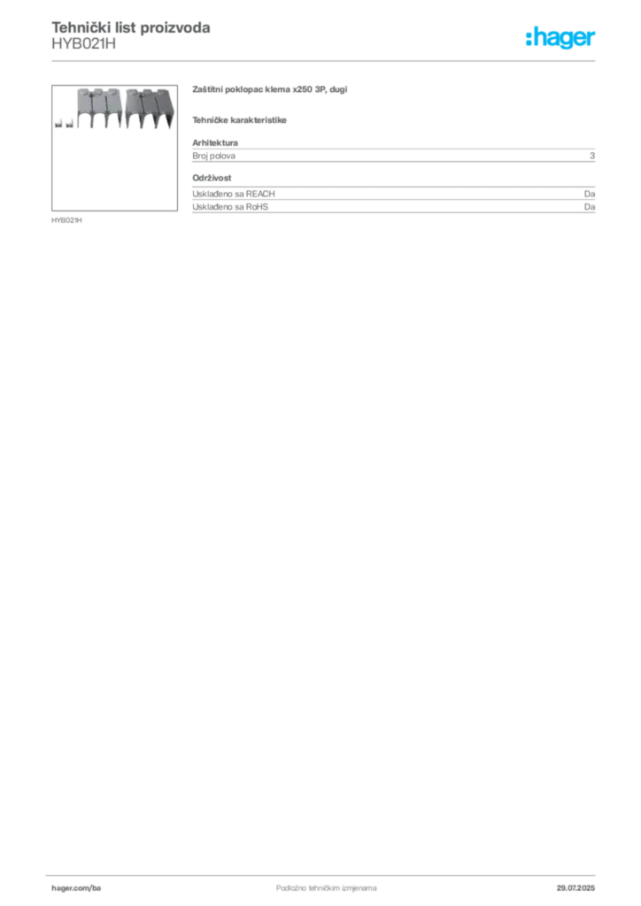 Slika Hager Product data sheet HYB021H  | Hager