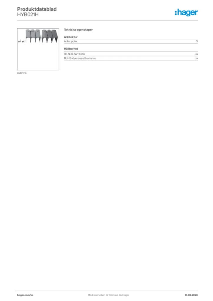 Bild Hager Produktdatablad HYB021H | Hager Sverige