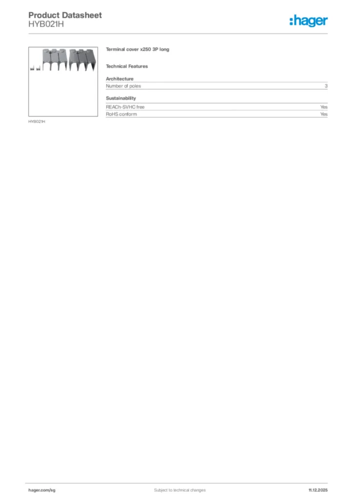 Image Hager Product data sheet HYB021H  | Hager