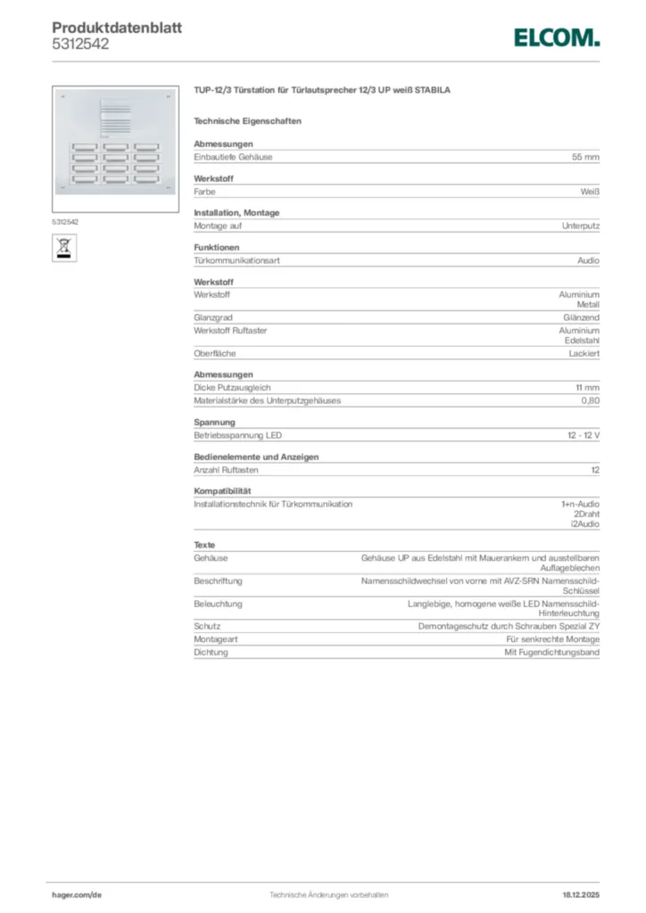 Bild Elcom Produktdatenblatt 5312542 | Hager Deutschland