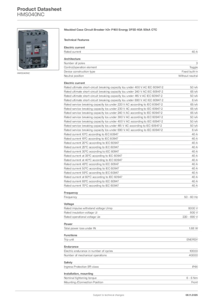 Image Hager Product data sheet HMS040NC  | Hager Africa