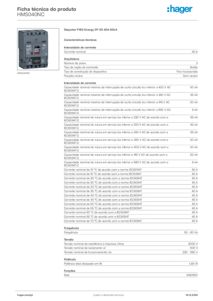 Imagem Hager Ficha técnica do produto HMS040NC | Hager Portugal