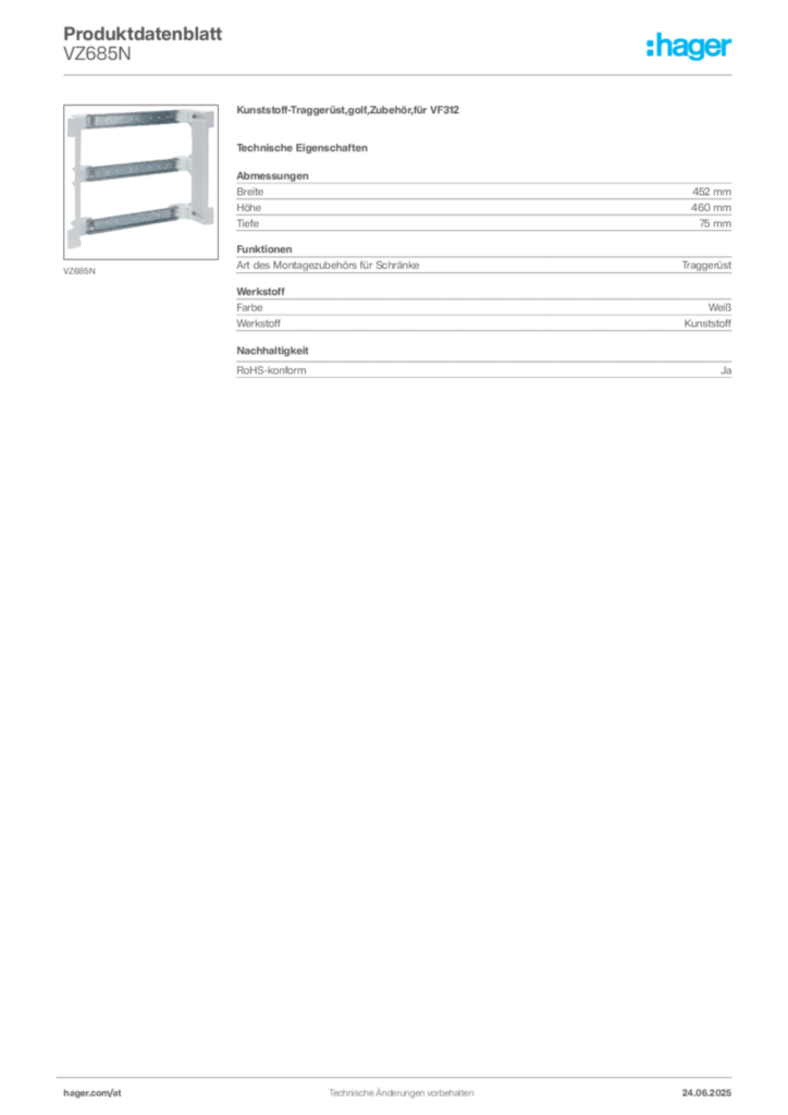 Bild Hager Produktdatenblatt VZ685N | Hager Deutschland