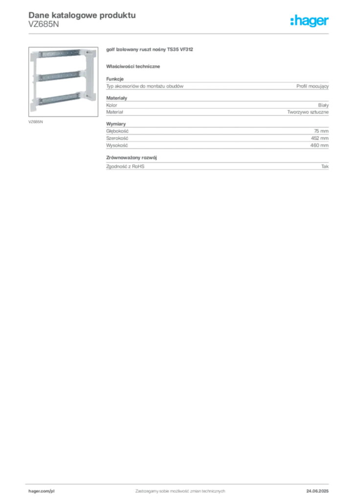 Zdjęcie Hager Karta katalogowa VZ685N | Hager Polska