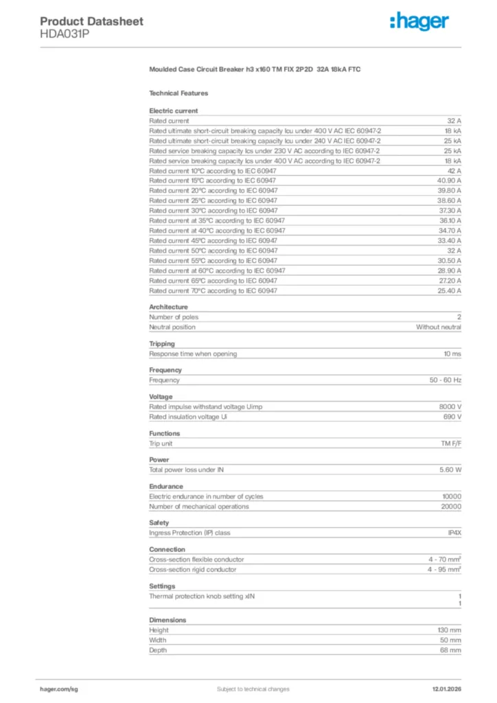 Image Hager Product data sheet HDA031P  | Hager