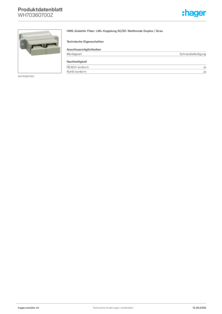 Bild Hager Produktdatenblatt WH70360700Z | Hager Schweiz
