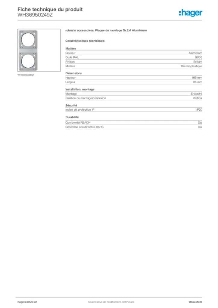 Image Hager Fiche technique du produit WH36950249Z | Hager Suisse