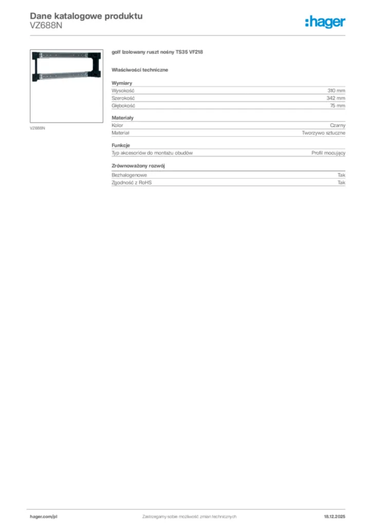 Zdjęcie Hager Karta katalogowa VZ688N | Hager Polska