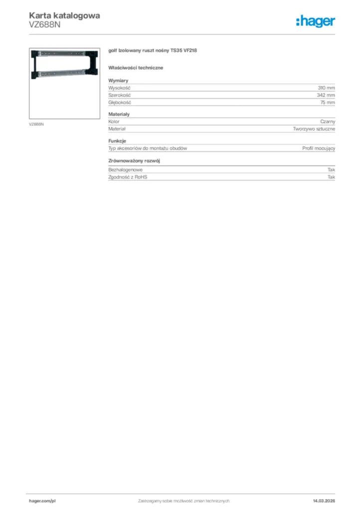 Zdjęcie Hager Karta katalogowa VZ688N | Hager Polska