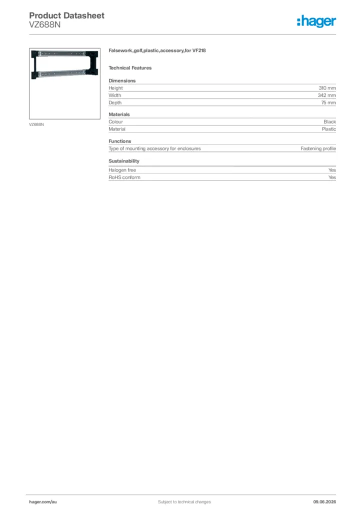 Image Hager Product data sheet VZ688N  | Hager Australia