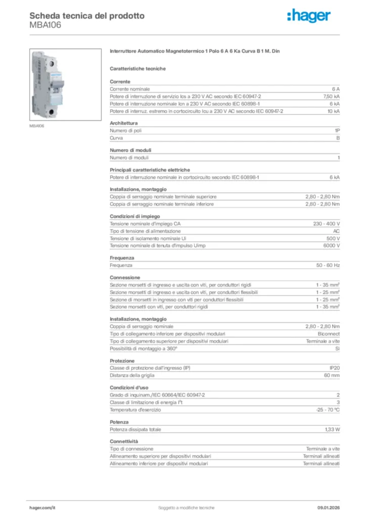 Immagine Hager Scheda tecnica del prodotto MBA106 | Hager Italia