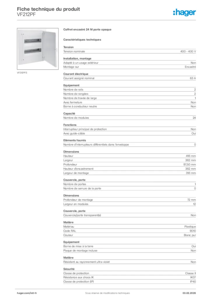 Image Hager Fiche technique du produit VF212PF | Hager Afrique