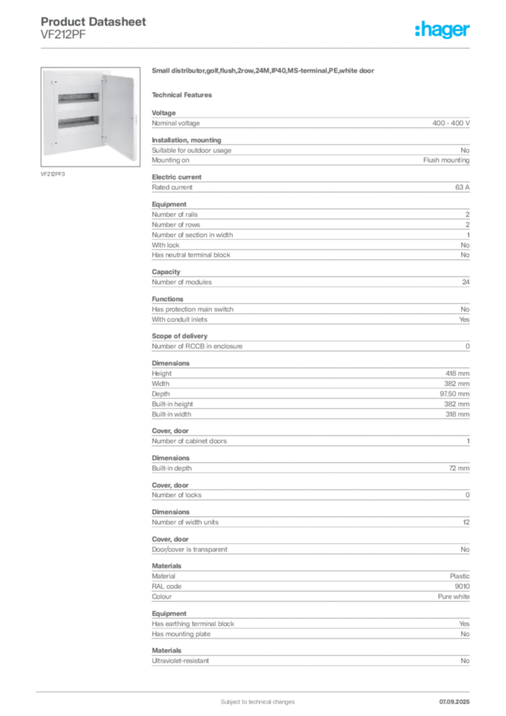 Image Hager Product data sheet VF212PF  | Hager