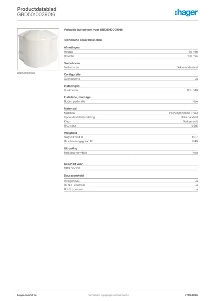 Afbeelding Hager Productdatablad GBD5010039016 | Hager Belgium