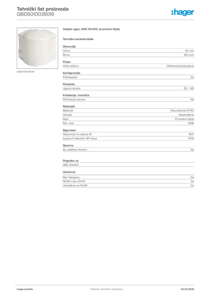 Slika Hager Tehnički list proizvoda GBD5010039016  | Hager