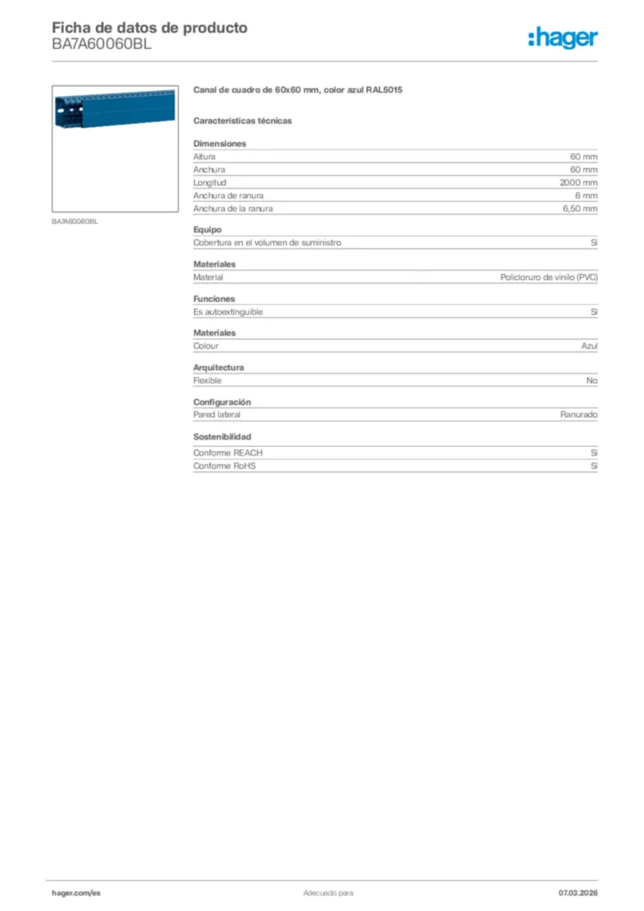 Imagen Hager Ficha de datos de producto BA7A60060BL | Hager España
