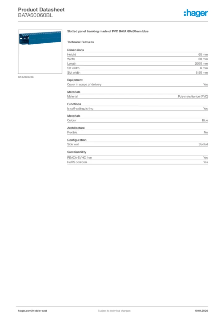Image Hager Product data sheet BA7A60060BL  | Hager