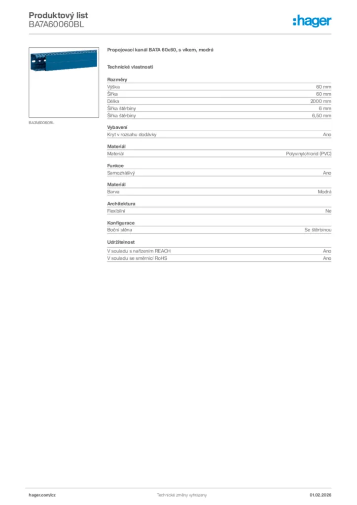 Obrázek Hager Product data sheet BA7A60060BL | Hager