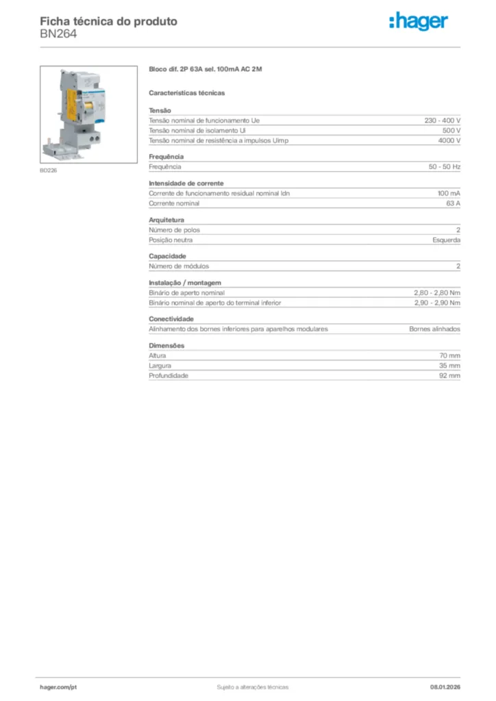 Imagem Hager Ficha técnica do produto BN264 | Hager Portugal