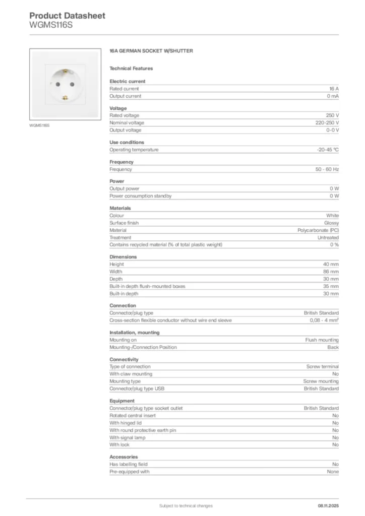 Image Hager Product data sheet WGMS116S  | Hager