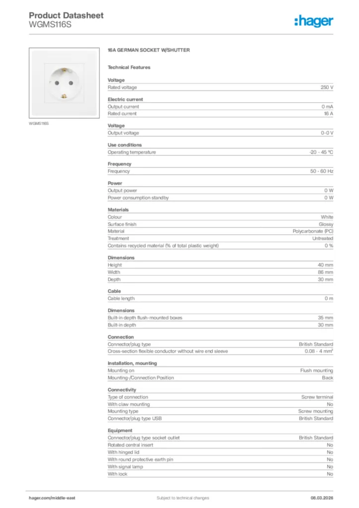 Image Hager Product data sheet WGMS116S  | Hager