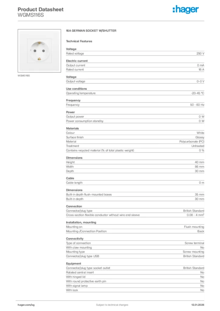 Image Hager Product data sheet WGMS116S  | Hager