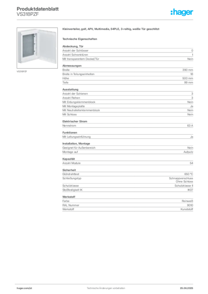 Bild Hager Produktdatenblatt VS318PZF | Hager Deutschland