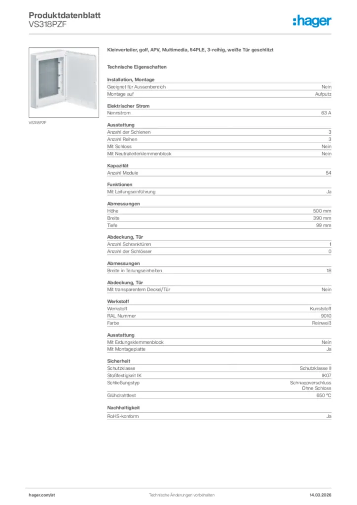 Bild Hager Produktdatenblatt VS318PZF | Hager Deutschland