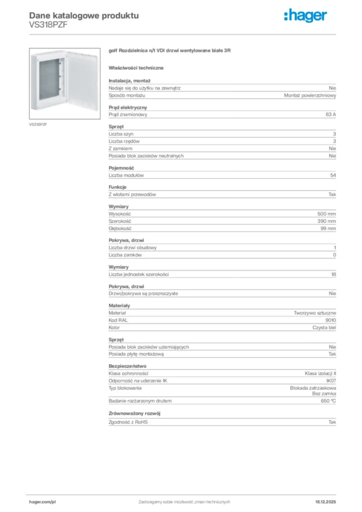 Zdjęcie Hager Karta katalogowa VS318PZF | Hager Polska