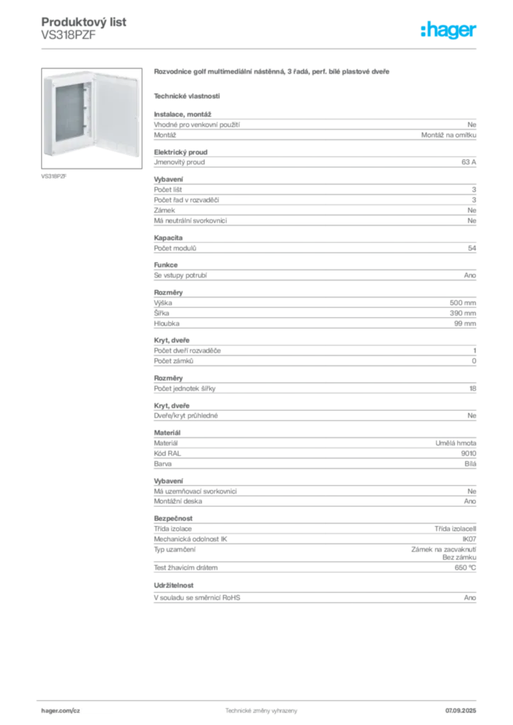 Obrázek Hager Produktový list VS318PZF | Hager