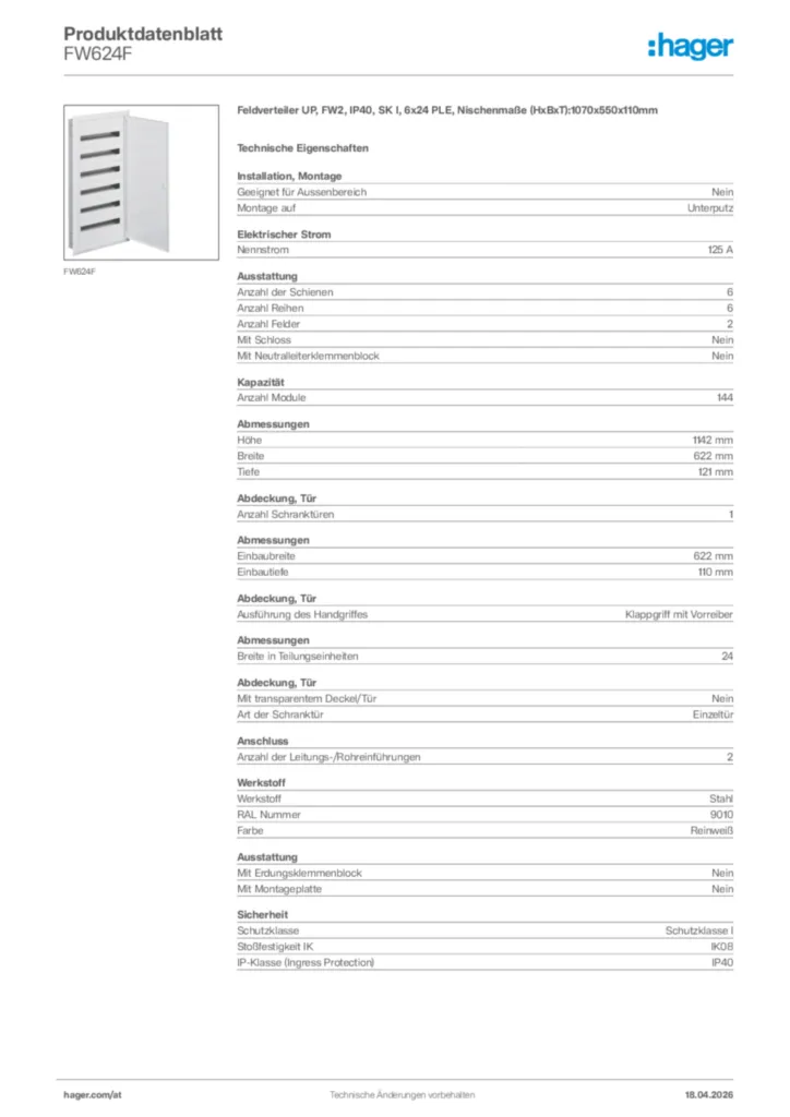 Bild Hager Produktdatenblatt FW624F | Hager Deutschland