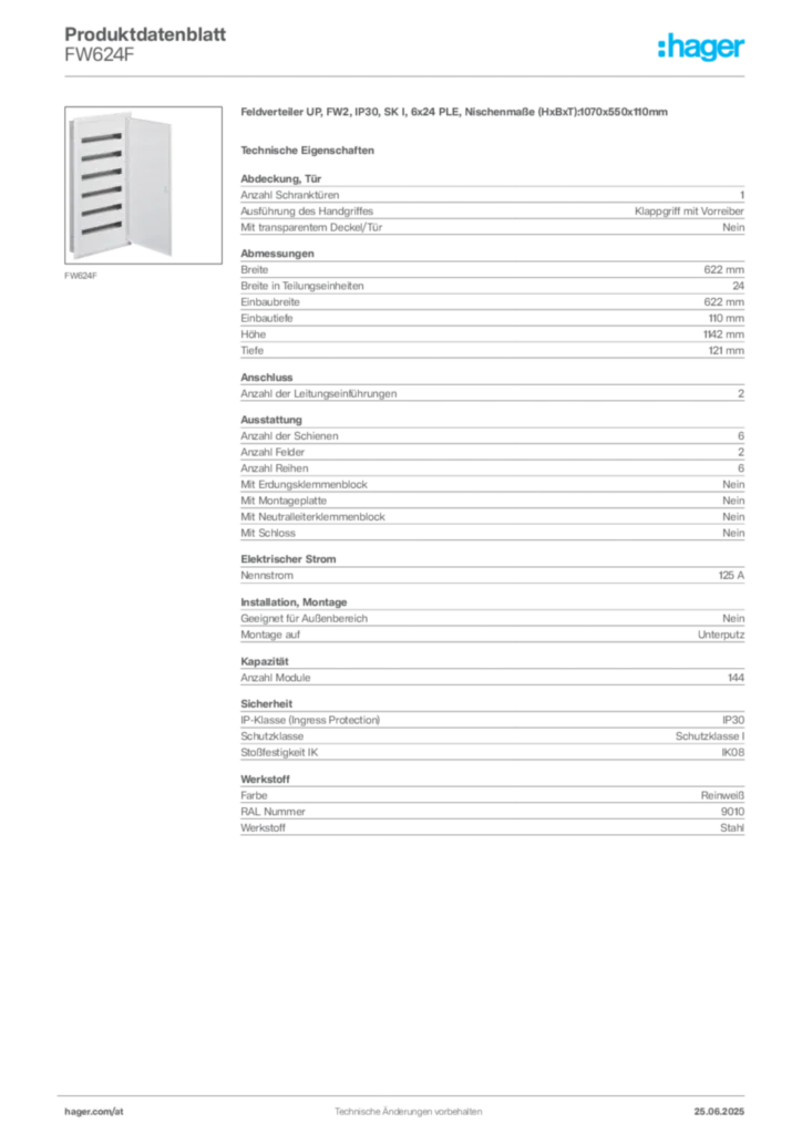 Bild Hager Produktdatenblatt FW624F | Hager Deutschland