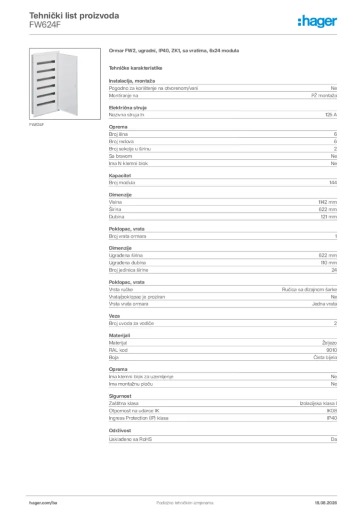 Slika Hager Tehnički list proizvoda FW624F  | Hager