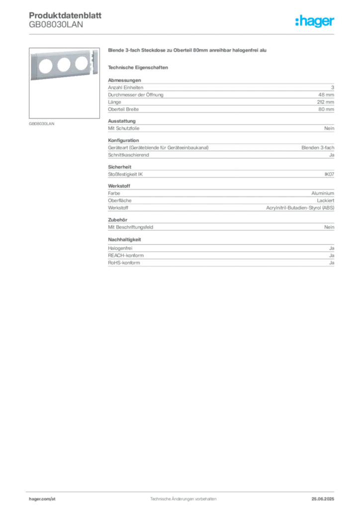 Bild Hager Produktdatenblatt GB08030LAN | Hager Deutschland